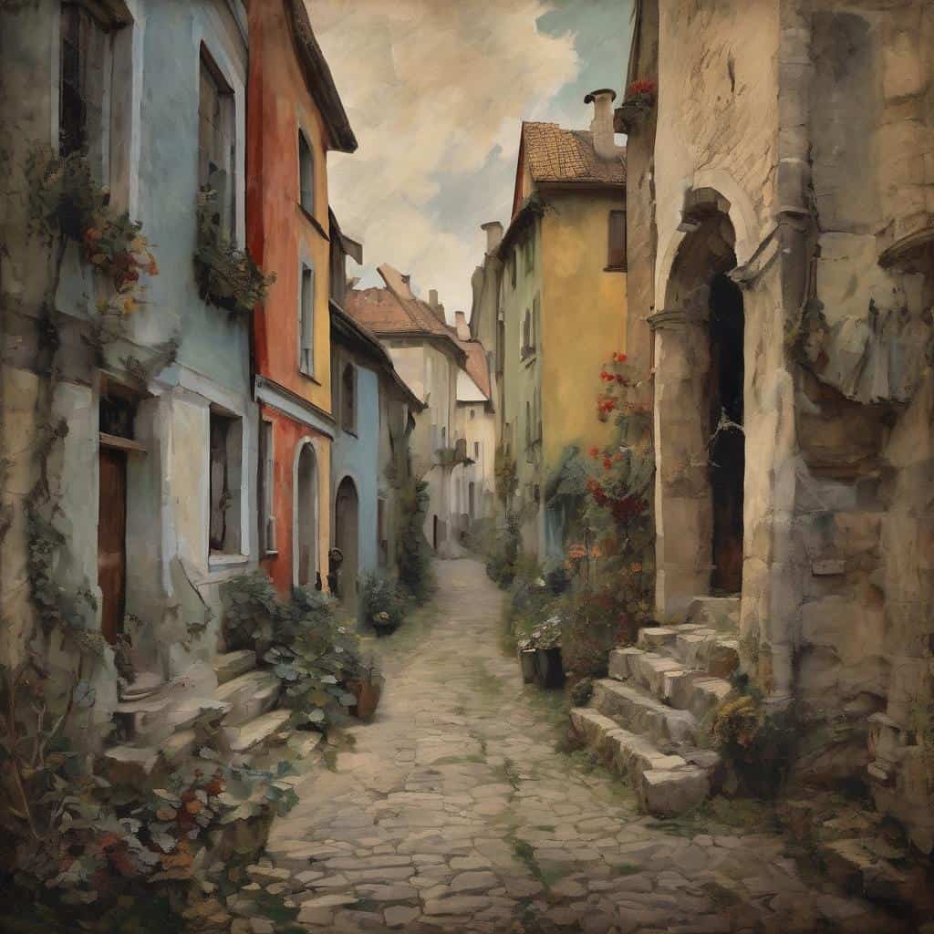 Παλιό χωριό με πολυχρωματικά σπίτια και cobblestone δρομάκι, τέχνη ζωγραφικής και αναλύσεις σε έργα τέχνης.