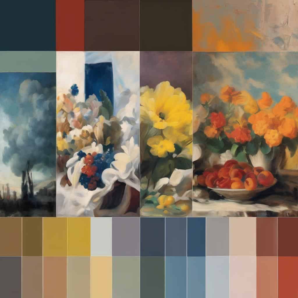 Ζωγραφικό έργο με πολύχρωμες ανθοσυνθέσεις και δομικά σχέδια.